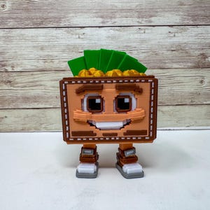 May include: A 3D-printed, cartoon-style wallet character with a smiling face, brown body, and green and gold accents. The wallet has legs and feet, and is filled with green bills and gold coins.