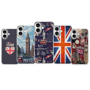 May include: A collection of five phone cases featuring British-themed designs. The cases display images of the Union Jack flag, London landmarks like Big Ben, and other iconic British symbols. The cases are in various colors, including blue, red, and white.