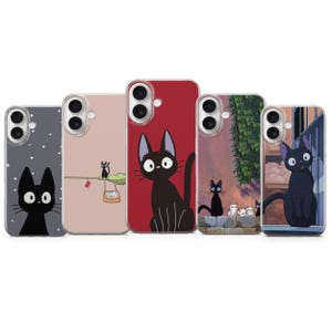 May include: Five phone cases featuring black cat illustrations. The cases have different backgrounds, including a starry sky, a broom, a red backdrop, a wall with plants, and a window. The black cats have large eyes and various poses.