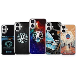 May include: Five phone cases with Star Trek-themed designs. The cases feature images of space, the Starfleet Command logo, and futuristic scenes. The cases are in various colors, including blue, black, and orange, and are designed to fit a smartphone.