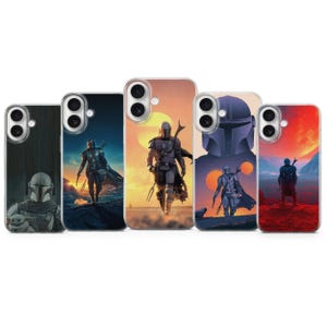 May include: Five phone cases featuring illustrations of a character in armor, with a helmet and cape. The cases have different background scenes, including a sunset, a mountain range, and a forest. The cases are made of a clear material.