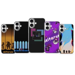 May include: Five phone cases with various designs. One case has a yellow and orange sunset design with silhouettes and the word "deltarune". Another has a black background with a stained glass window design. The third has a black background with a pixelated scene. The fourth has a purple background with characters and the word "deltarune". The last has a blue and yellow design.
