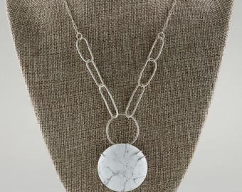 Howlite Statement Necklace, Handmade Sterling Silver Link Chain, Wire Prong Setting, One of a Kind