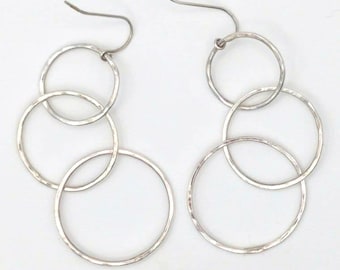 Meridian Drop Earrings, Triple Circle Sterling Silver Earrings, Graduated Hoops, Modernist Jewelry