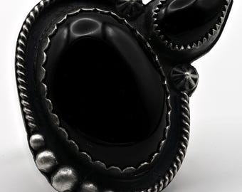 Southwestern Black Onyx Sterling Silver Ring, Off-Center Stone Setting, Oxidized Statement Ring