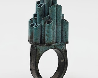 Brutalist Sterling Silver Ring, Verdigris Copper Cluster, Architectural Statement Jewelry, Made to Order