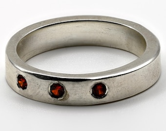 Narrow Sterling Silver Band Ring, Flush-Set Gemstones, Custom Made to Order