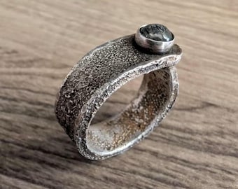 Canyon Band – Textured Sterling Silver Statement Ring, Organic Eroded Band with Tourmalinated Quartz Cabochon,