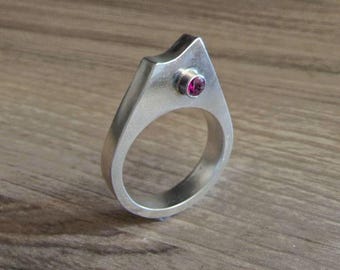 Sculptural Sterling Silver Peak Ring with Lab Ruby – Architectural Statement Piece