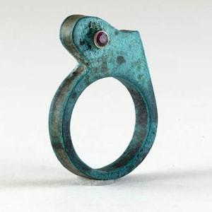 Handmade Sterling Silver Cactus Ring, Verdigris Copper, Lab Ruby, Southwestern Sculpture