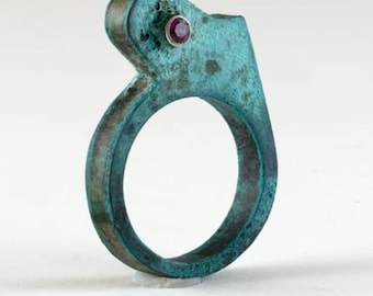 Handmade Sterling Silver Cactus Ring, Verdigris Copper, Lab Ruby, Southwestern Sculpture