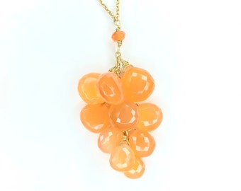 Orange Gemstone Cluster Pendentif - Carnelian faceted - Gift Necklace Gold Vermeil