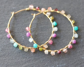 Pearl Hoop Earrings - Multi Gemstone wrapped hoops - wedding - birthday - Mother’s Day - gift - choice of colours and sizes