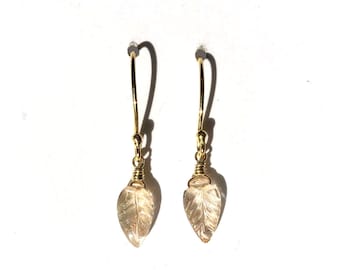Sunstone Leaf Pendant Earrings - Delicate Drop earrings - 24k Gold Plated Silver Vermeil -