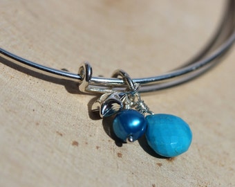 Silver Stacking Gemstone & Pearl Bangle - Turquoise - December Birthstone - Personalised Gift - Bridesmaid