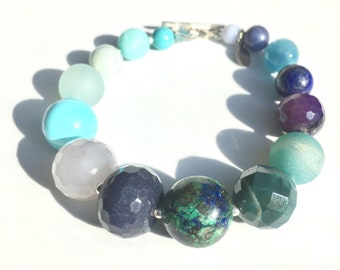 Planet Bracelet - Chunky Multi Gemstone - gift for her - Blue and Turquoise- statement cuff - jewellery - holiday - birthday - on trend