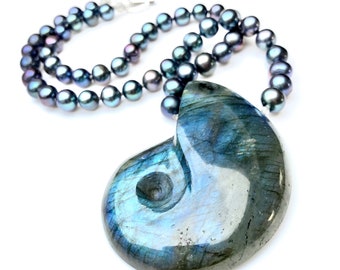 Carved Labradorite Ammonite Pendant on a Freshwater Pearl necklace - stunning - blue flash - statement piece - perfect gift