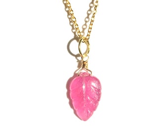 Pink Sapphire Leaf Pendant - Delicate Stacking - Birthday Gift - Pink - Gold Vermeil - gemstone with meaning