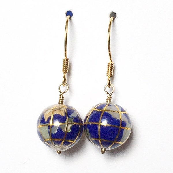 Baby Globe Earrings, inlaid with Gemstones - Birthday Gift - Wanderlust - Traveller - Blue