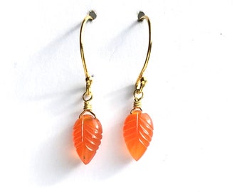 Carnelian Leaf Pendant Earrings - Delicate Drop earrings - 24k Gold Plated Silver Vermeil - Orange