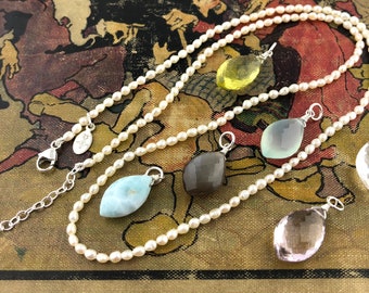 Gemstone Pendant on a Freshwater Pearl Necklace, choice of Gemstone  Larimar, Chalcedony, Moonstone, Crystal, Amethyst, Lemon Quartz, Love