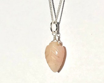 Natural Pink Opal Leaf Pendant - Delicate Stacking - Birthday Gift, October Birthstone