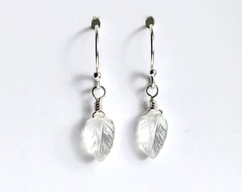 White Topaz Leaf Pendant Earrings - Delicate Drop earrings - Sterling Silver