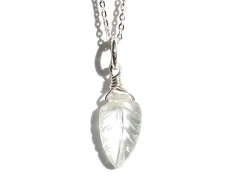 White Topaz Leaf Pendant - Delicate Stacking - Birthday Gift - clear - gemstone with meaning