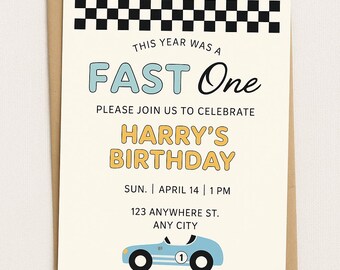 Fast One” Race Car First Birthday Invitation | Editable Template | Instant Download | Checkered Flag Party Invite