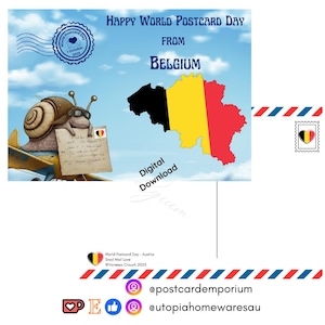 May include: A digital postcard design for World Postcard Day from Belgium. The image features a cartoon snail with sunglasses holding a letter, a map of Belgium, and the text "Happy World Postcard Day". Includes a stamp and the words "Digital Download".