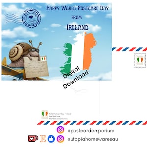 May include: A digital postcard design for World Postcard Day from Ireland. The image features a cartoon snail in aviator glasses holding a postcard, with the Irish flag and text "Digital Download". The postcard has a blue sky background with clouds.