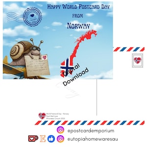 May include: Digital postcard design for World Postcard Day from Norway. Features a cartoon snail in aviator glasses holding a letter, a map of Norway, and the text "Digital Download". Includes a stamp and decorative border.