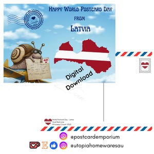 May include: A digital postcard design for World Postcard Day from Latvia. The image features a cartoon snail with glasses holding a letter, a map of Latvia, and the text "Digital Download". The postcard has a blue sky background with a stamp and the date.
