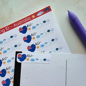 Postcrossing ID stickers with weather - au, ch, de,fi,gb, nl, ru, tw, us, jp, kr