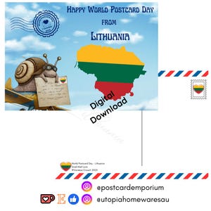 May include: A digital postcard design for World Postcard Day from Lithuania. The image features a snail in aviator goggles holding a postcard, a map of Lithuania, and the text "Digital Download."