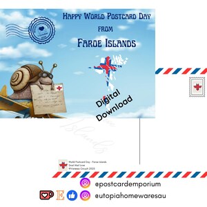 May include: Digital postcard design for World Postcard Day from the Faroe Islands. The image shows a cartoon snail on a plane, a map of the islands, and the text "Happy World Postcard Day". Includes a stamp and an envelope design.