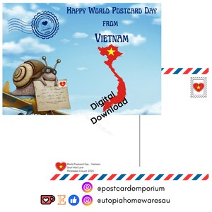 May include: A digital postcard design for World Postcard Day from Vietnam. The image features a cartoon snail holding a letter, a map of Vietnam, and the text "Digital Download". The postcard has a blue sky background.
