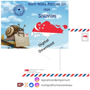 May include: A digital postcard design for World Postcard Day from Singapore. The image features a cartoon snail with sunglasses holding a letter, a map of Singapore, and the text "Digital Download". The postcard has a blue sky background.