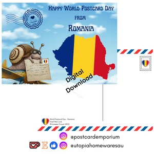 May include: A digital postcard design for World Postcard Day from Romania. The image features a cartoon snail on a plane, a map of Romania with the Romanian flag, and the text "Digital Download". Includes a stamp and the text "Happy World Postcard Day".
