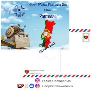 May include: A digital postcard design for World Postcard Day from Portugal. The image features a cartoon snail on a plane, a map of Portugal, and the text "Digital Download". Includes a stamp and the text "Happy World Postcard Day".
