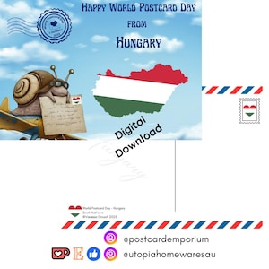 May include: Digital postcard design for World Postcard Day from Hungary. The image features a cartoon snail in aviator goggles holding a postcard, with the Hungarian flag and the text "Digital Download". The postcard has a blue sky background.