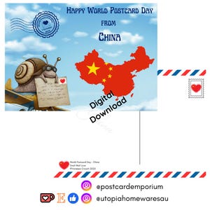 May include: A digital postcard design for World Postcard Day. The image features a cartoon snail in aviator glasses holding a letter, with the text "Happy World Postcard Day From China." A red map of China is also included.