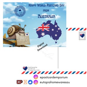 May include: A digital postcard design for World Postcard Day, featuring a cartoon snail on a plane holding a letter. The postcard includes the text "Happy World Postcard Day From Australia" and a map of Australia.