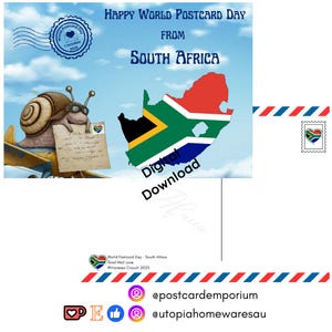 May include: A digital postcard for World Postcard Day from South Africa. The design features a snail in aviator goggles holding a letter, the South African flag, and the text "Happy World Postcard Day". Includes a stamp and the text "Digital Download".