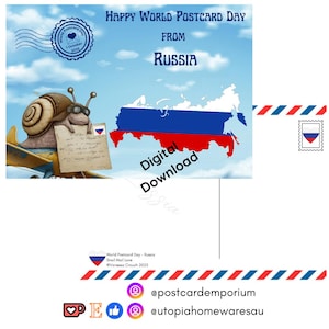 May include: Digital download postcard with a cartoon snail holding a letter, the text reads "Happy World Postcard Day From Russia." The postcard features a Russian flag design and a stamp.