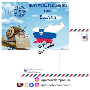 May include: A digital postcard design for World Postcard Day from Slovenia. The image features a cartoon snail wearing sunglasses, holding a letter, and flying a yellow plane. The postcard includes the text "Happy World Postcard Day From Slovenia" and "Digital Download."