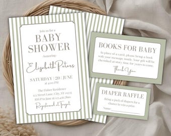 Green Striped Baby Shower Invite Bundle, Minimalist, Editable & Printable Canva Template (Digital Download) BS16