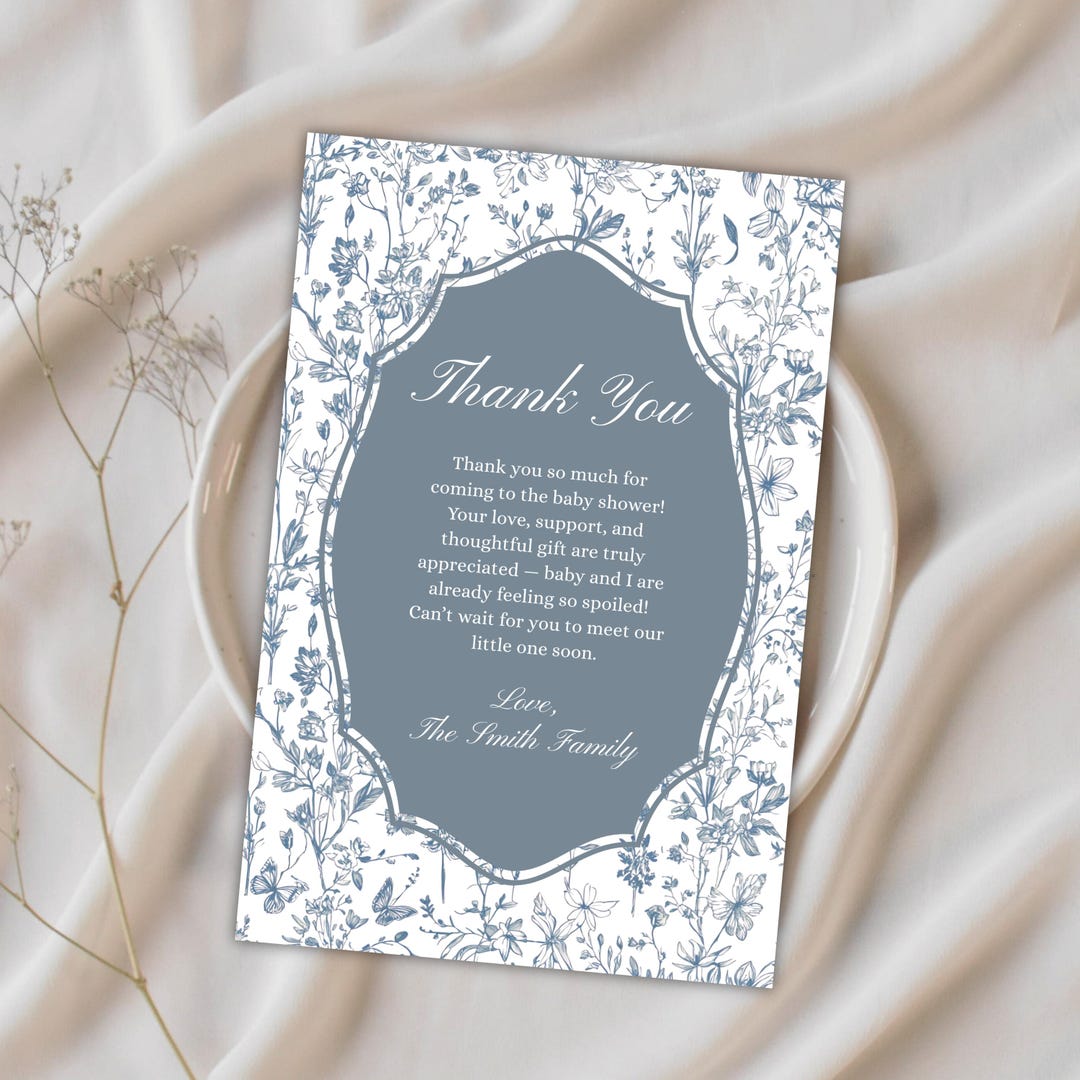 Floral Blue Baby Shower Thank You Card, Editable & Printable Canva ...