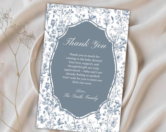 Floral Blue Baby Shower Thank You Card, Editable & Printable Canva Template (Digital Download)  BS10