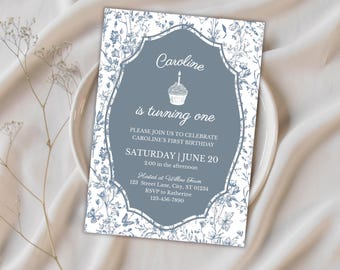 Floral Blue 1st Birthday Party Invite, Editable & Printable Canva Template (Digital Download)